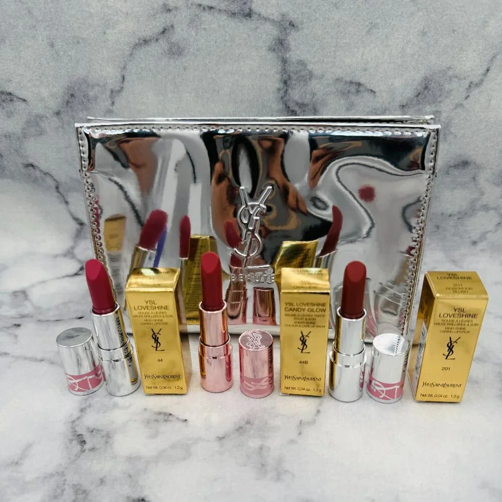 YSL Loveshine Lipstick Set-Silver Pouch, Rosewood Blush &Nude Lavalliere-4pc-NEW